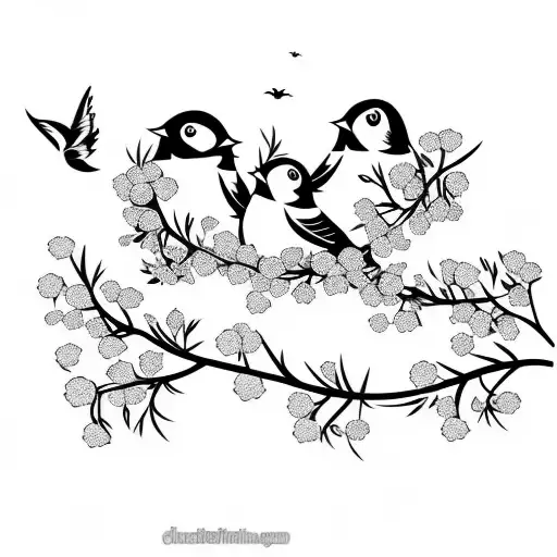 mom, dad, and baby bird sitting in flowering branches. another baby bird flies away tattoo design idea