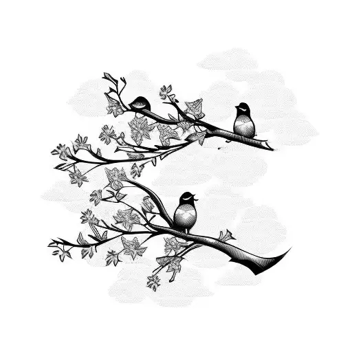 3 birds family sitting on flowering branches tattoo design idea