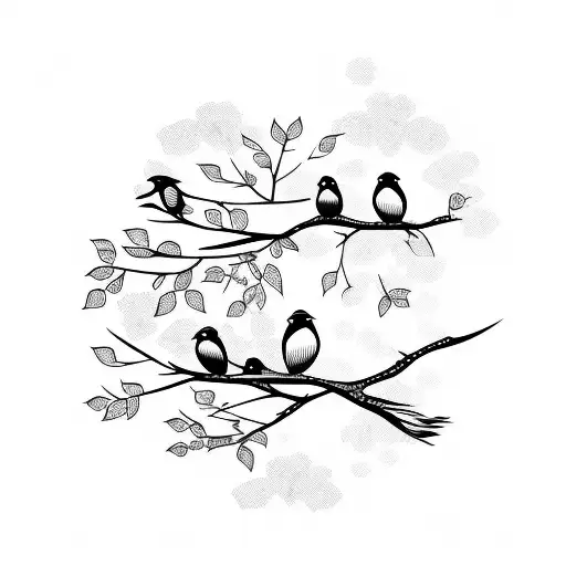 3 birds family sitting on flowering branches tattoo design idea