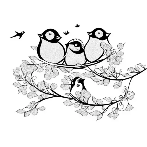 mom, dad, and baby bird sitting in flowering branches. another baby bird flies away tattoo design idea