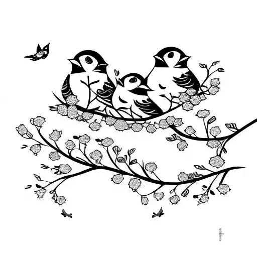 mom, dad, and baby bird sitting in flowering branches. another baby bird flies away tattoo design idea