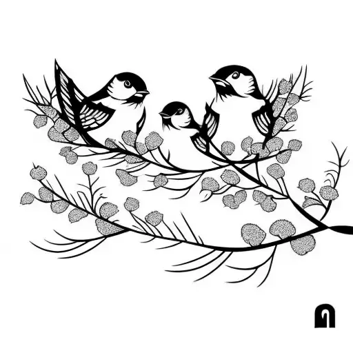 mom, dad, and baby bird sitting in flowering branches. another baby bird flies away tattoo design idea