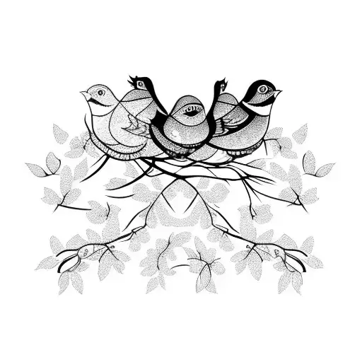 mom, dad, and baby bird sitting in flowering branches. another baby bird flies away tattoo design idea