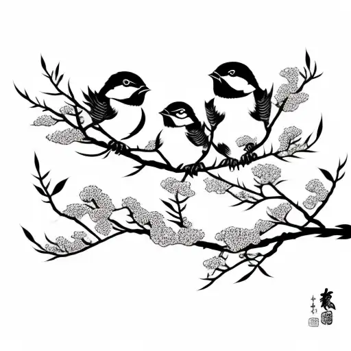 mom, dad, and baby bird sitting in flowering branches. another baby bird flies away tattoo design idea