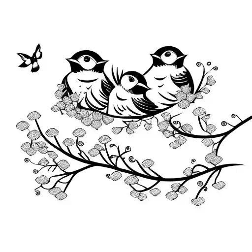 mom, dad, and baby bird sitting in flowering branches. another baby bird flies away tattoo design idea