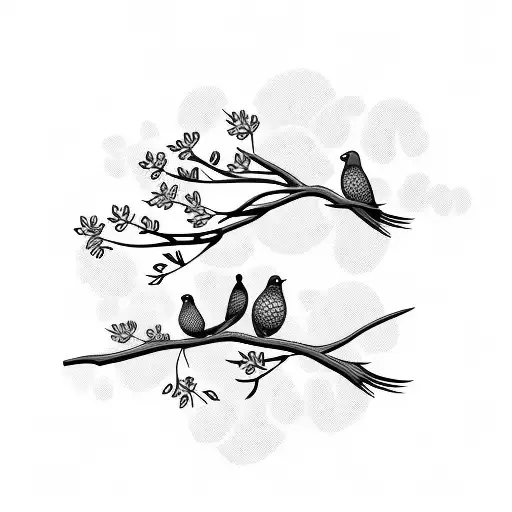 3 birds family sitting on flowering branches tattoo design idea