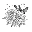 two large birds and one small bird sitting on flowering branches. another small bird flying away tattoo design idea