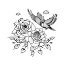 two large birds and one small bird sitting on flowering branches. another small bird flying away tattoo design idea