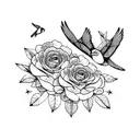 two large birds and one small bird sitting on flowering branches. another small bird flying away tattoo design idea