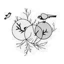 two large birds and one small bird sitting on flowering branches. another small bird flying away tattoo design idea