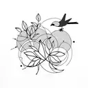 two large birds and one small bird sitting on flowering branches. another small bird flying away tattoo design idea