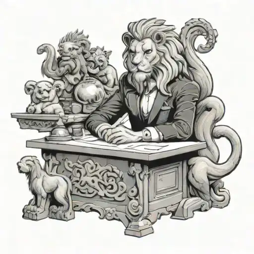 A front desk manager sitting at a desk with a lion and dragon figurine, surrounded by symbols of family and love tattoo design idea