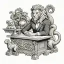 A front desk manager sitting at a desk with a lion and dragon figurine, surrounded by symbols of family and love tattoo design idea