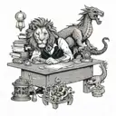 A front desk manager sitting at a desk with a lion and dragon figurine, surrounded by symbols of family and love tattoo design idea
