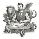 A front desk manager sitting at a desk with a lion and dragon figurine, surrounded by symbols of family and love tattoo design idea