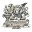 A front desk manager sitting at a desk with a lion and dragon figurine, surrounded by symbols of family and love tattoo design idea