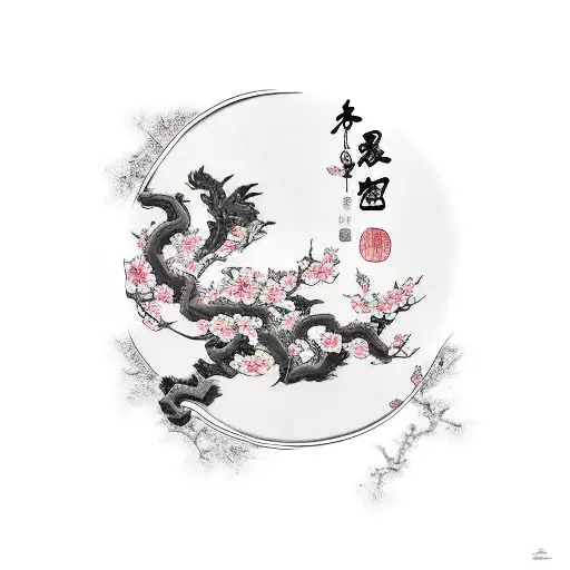 Cherry Blossom with foo dog tattoo design idea