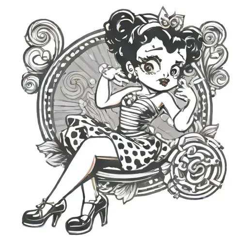 Betty Boop’s Pose: Start with an iconic pose of Betty Boop, maybe winking or blowing a kiss. 	2.	Retro Elements: Incorpo tattoo design idea