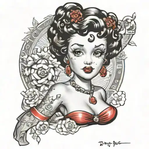 Betty boop use some red integrate the year 1963 in her arm tattoo design idea