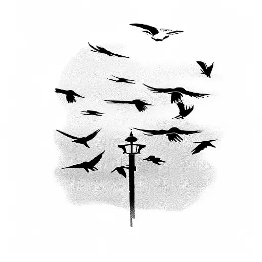 A serene landscape with a flock of birds flying towards the horizon tattoo design idea