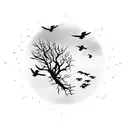 A serene landscape with a flock of birds flying towards the horizon tattoo design idea