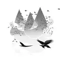A serene landscape with a flock of birds flying towards the horizon tattoo design idea