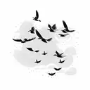A serene landscape with a flock of birds flying towards the horizon tattoo design idea