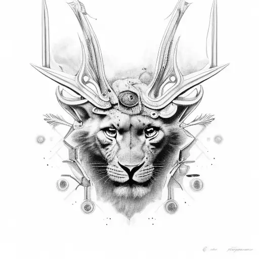 Leon con mirada serena, cicatrices en la melena del león, incorporar hojas de olivo y una cruz tattoo design idea