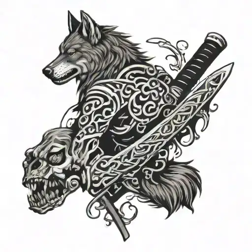 The ancient black katana sword on the back of the zombie wolf  tattoo design idea
