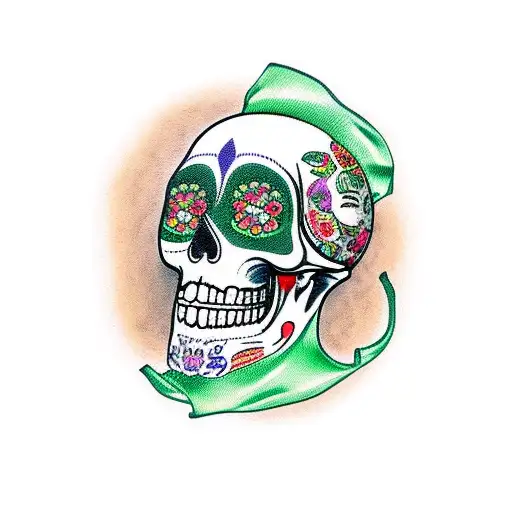 Sugar skull wearing a surgical mask surrounded by traditional Mexican food items tattoo design idea
