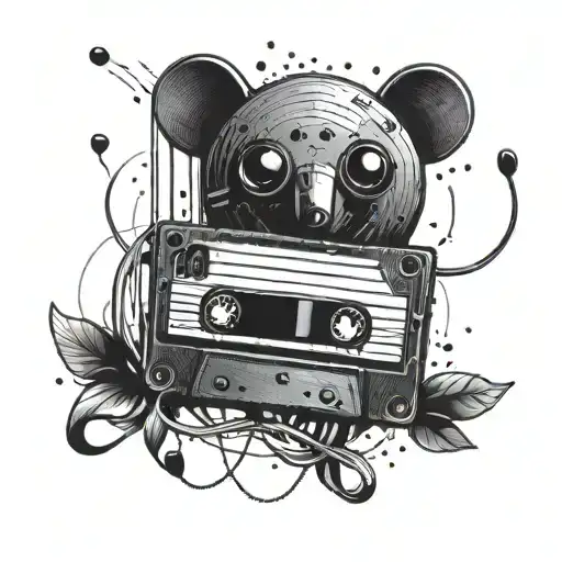 A tattoo of a retro 80's cassette tape with a pixelated computer mouse intertwined, symbolizing the client's passion for music and technology tattoo design idea