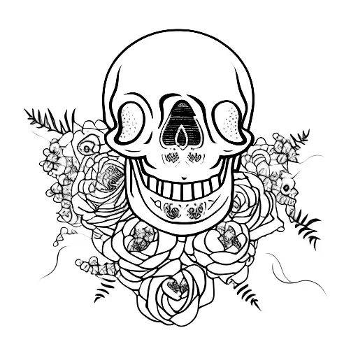 A hauntingly beautiful skull surrounded by blooming flowers, symbolizing the client's acceptance of death as a natural part of life tattoo design idea