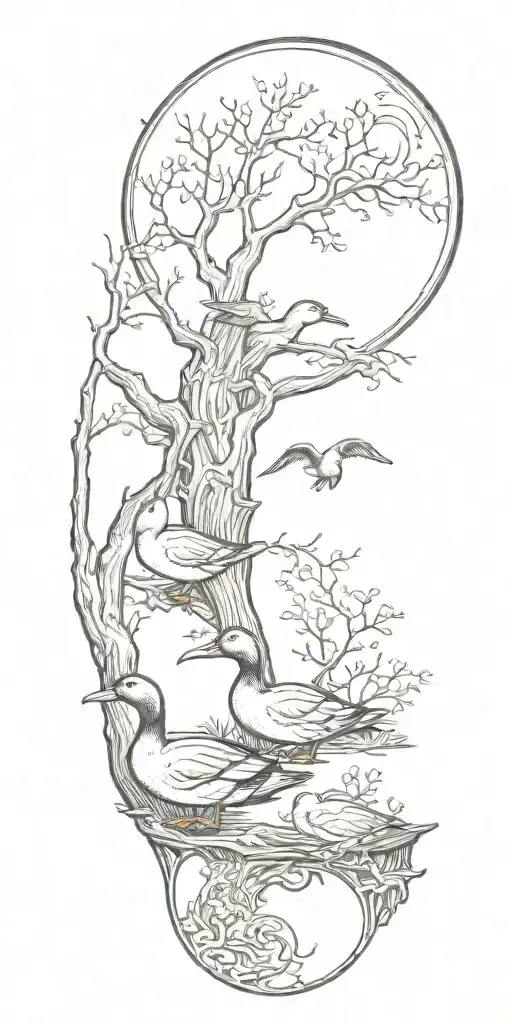 3 ducks in park with tree of life and moon tattoo design idea