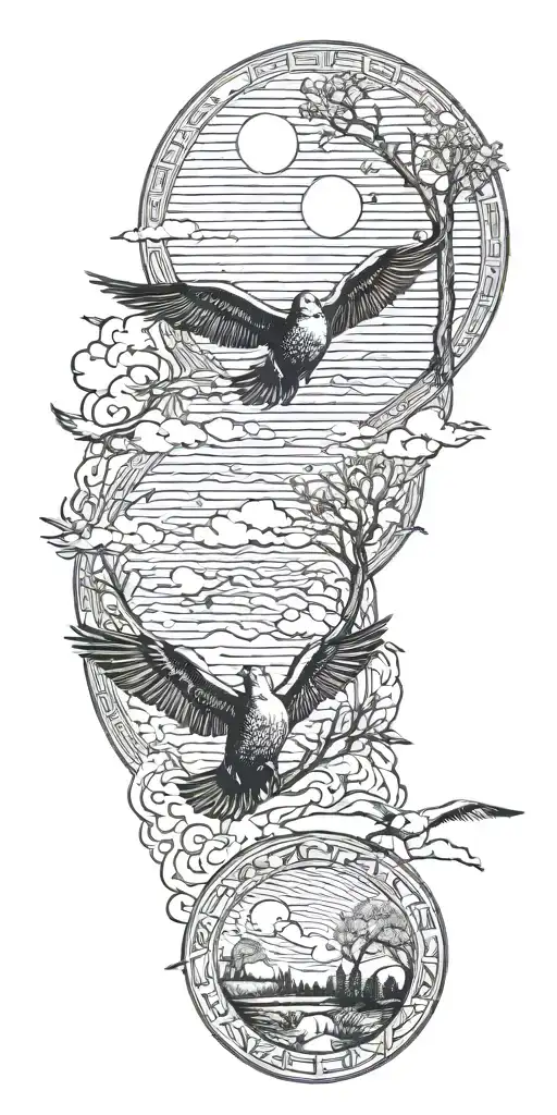 2 ducks flying behind one big bird in park with tree of life and moon tattoo design idea