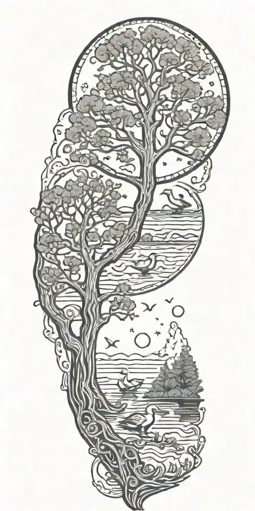 3 ducks in park with tree of life and moon tattoo design idea