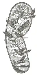 2 ducks flying behind one big bird in park with tree of life and moon tattoo design idea