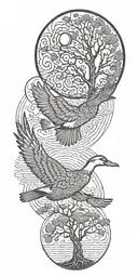 2 ducks flying behind one big bird with tree of life and moon tattoo design idea