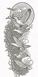 2 ducks flying behind one big bird with tree of life and moon tattoo design idea