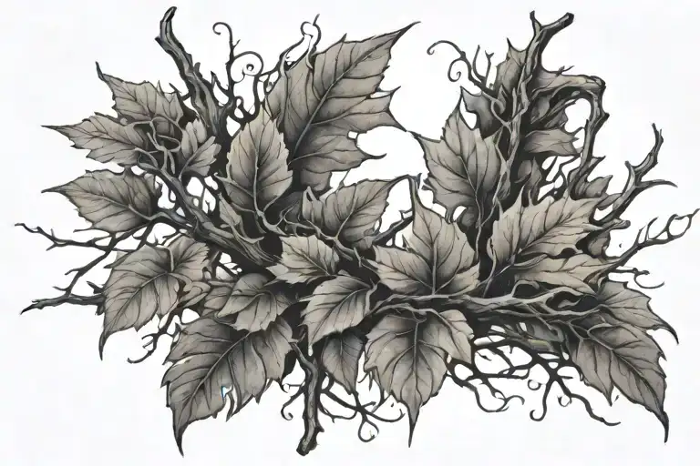Thorny branches on the sleeve with falling leaves and dry vines tattoo design idea