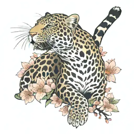 Leopard stretching among sakura flowers tattoo design idea
