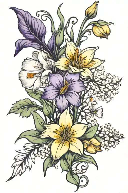 Snow drop, daisy, tulip, carnation, aster, morning glory, hawthorn, daffodils, lilies, violet, gladiolus tattoo design idea
