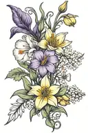 Snow drop, daisy, tulip, carnation, aster, morning glory, hawthorn, daffodils, lilies, violet, gladiolus tattoo design idea