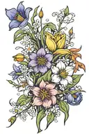 Snow drop, daisy, tulip, carnation, aster, morning glory, hawthorn, daffodils, lilies, violet, gladiolus tattoo design idea