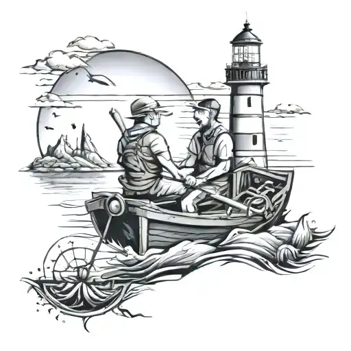  black 3D tattoo father and son fishing on a boat lighthouse in background  tattoo design idea