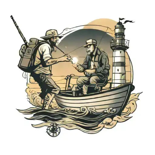 father and son fishing on a boat wth a wheelhouse wit a lighthouse in the background shining a light to heven black and  tattoo design idea