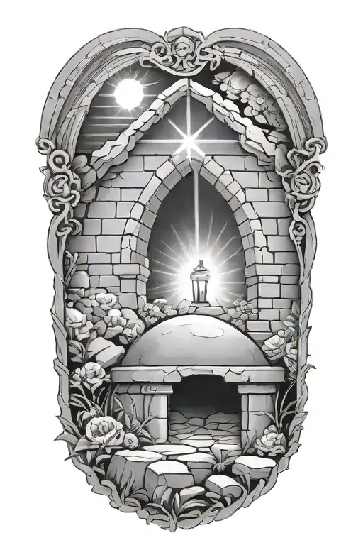 empty tomb with light rays tattoo design idea