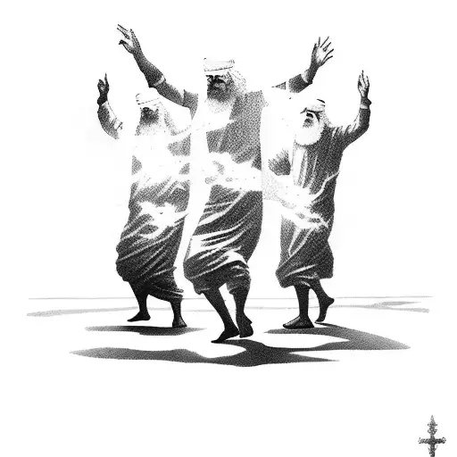 Three Old Testament middle eastern men and The Holy Spirit dancing around a blazing fire tattoo design idea