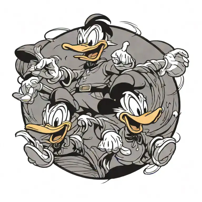 side profile of a smiling Donald Duck facing a second Donald Duck that is angry tattoo design idea