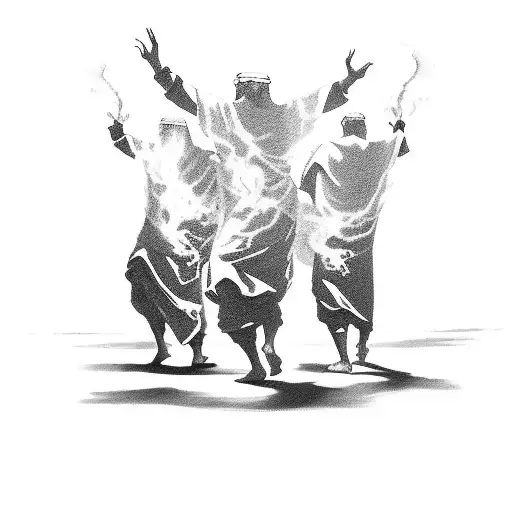 Three Old Testament middle eastern men and The Holy Spirit dancing around a blazing fire tattoo design idea