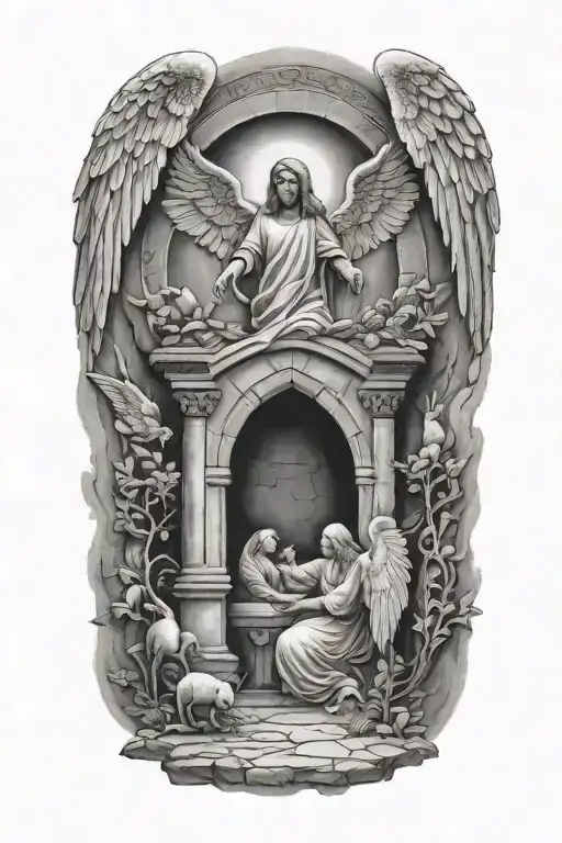 empty tomb with angels shining brightly tattoo design idea